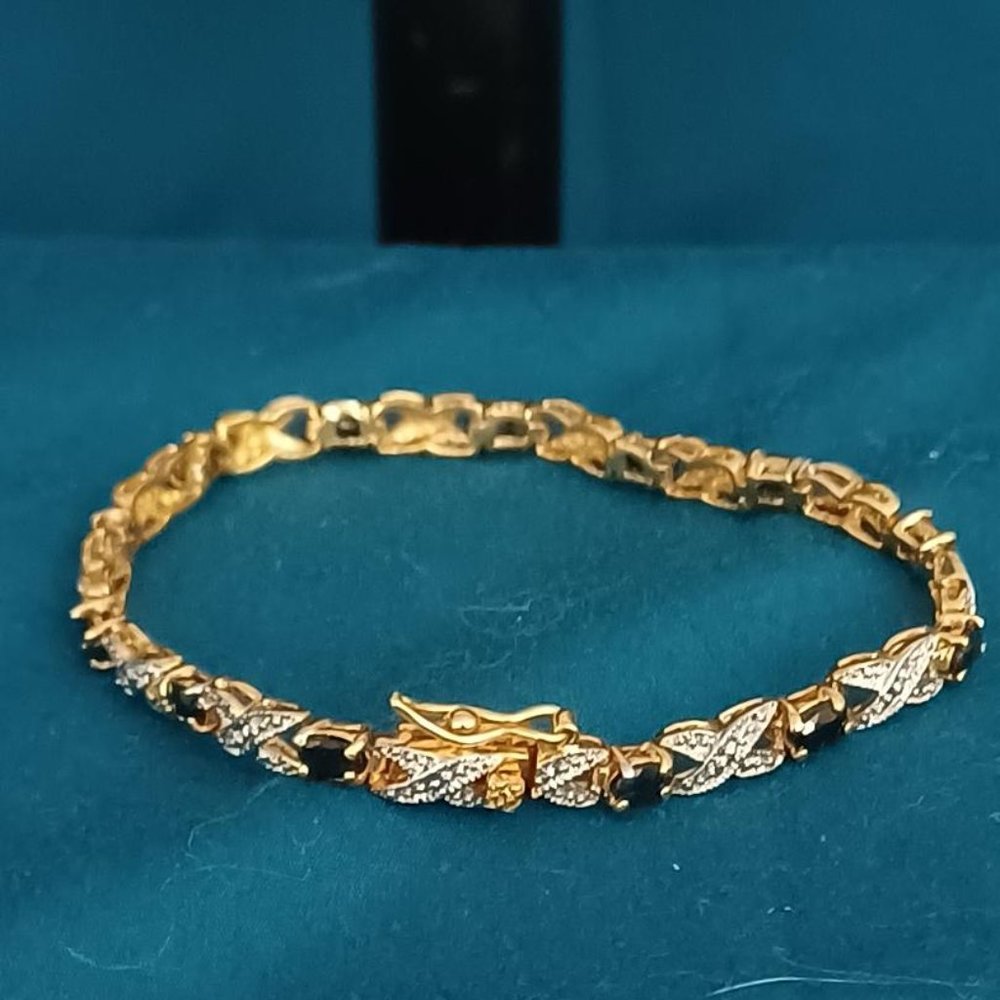 925 Sterling Silver Gold Plated Blue Sapphire XO Bracelet Diamond Accent Vintage